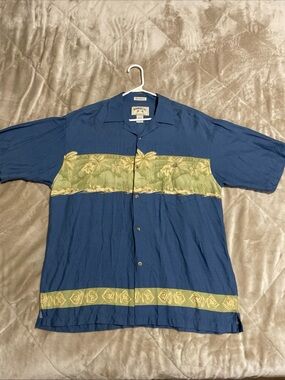 BAMBOO Blue Short-Sleeve Button-Down Shirt with Olive Band